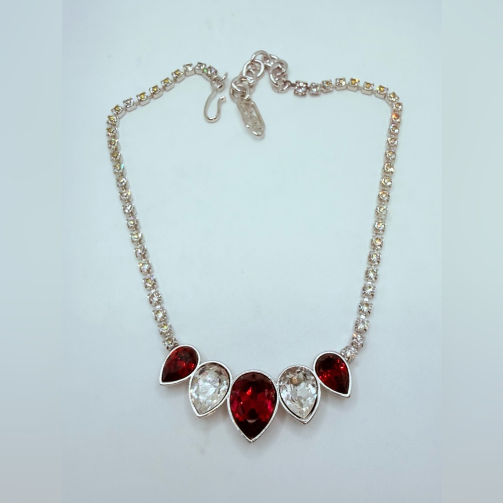Yves Saint Laurent YSL Red & Clear Rhinestone Statement Necklace Signed Vintage